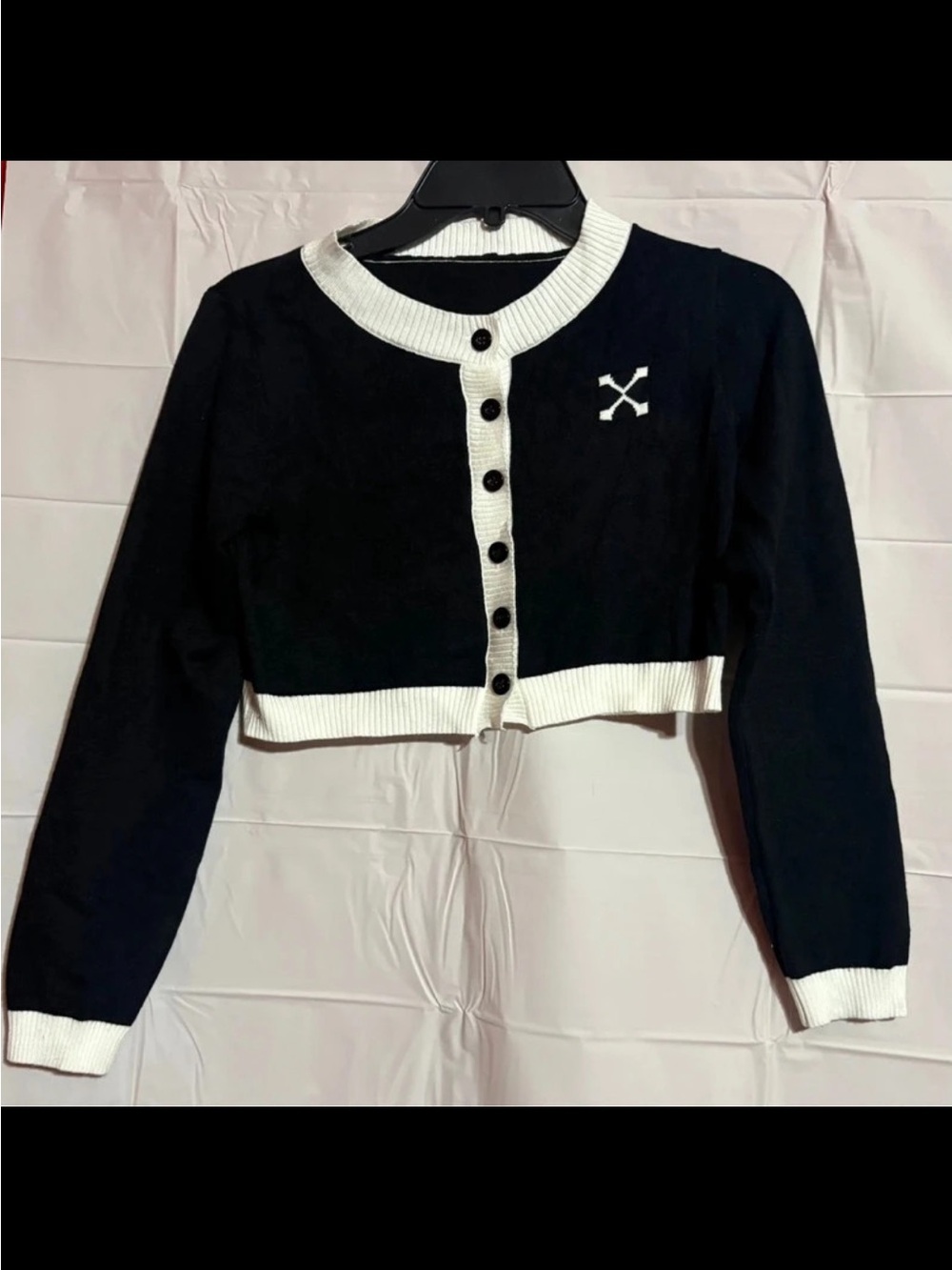 Black & White Cropped Button Cardigan Sweater and skirt